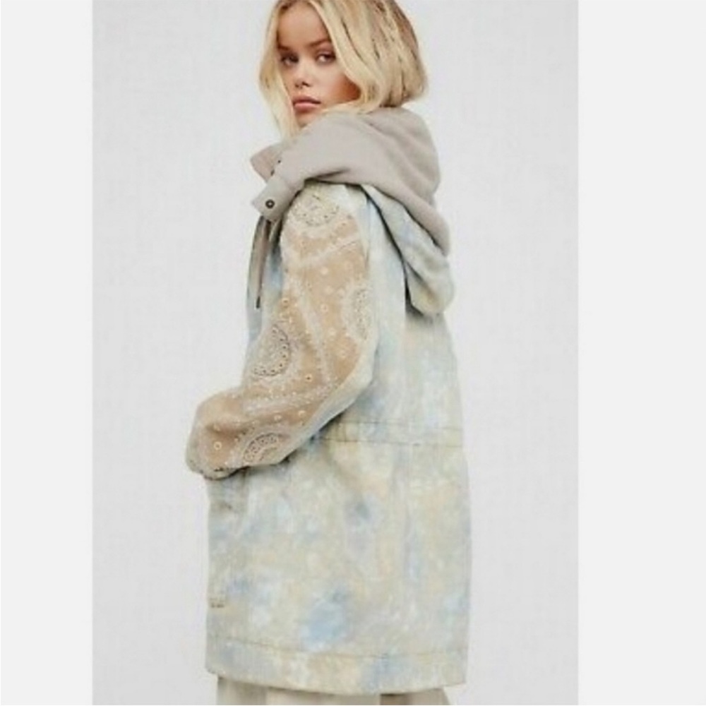 Free People Light Blue & Beige Utility Jacket with Hood